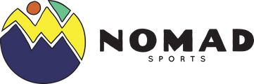 Nomad sports logo, circle with blue and yellow mountain silhouettes with an orange sun rising above them 
