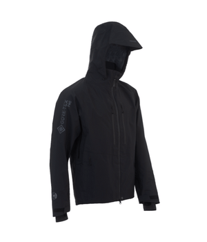 Black waterproof Gore-Tex jacket with hood, deal for skiing and snowboarding.