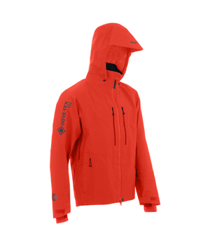 Red waterproof jacket with hood and Gore-Tex technology for skiing and snowboarding.