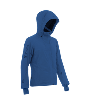 Blue GORE-TEX jacket with a hood, designed for outdoor activities and weather resistance.